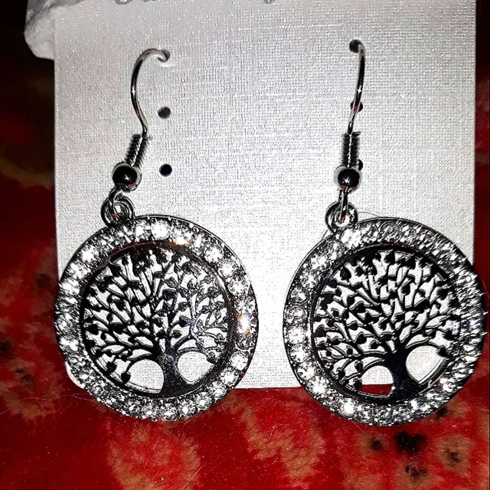 Silver round dangle earrings "tree of life" rhinestone unisex fashion je…